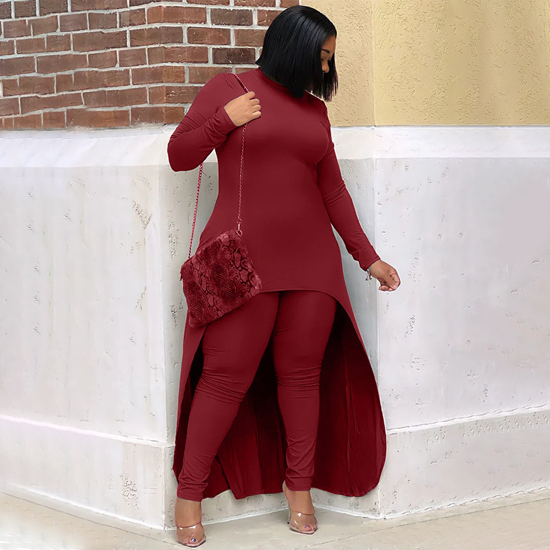 Women's Plus Size Tracksuits Autumn Fashion Solid Color Two Piece Set Women Casual Round Neck Long Sleeve Irregular Top Tight Pants Suit 230905