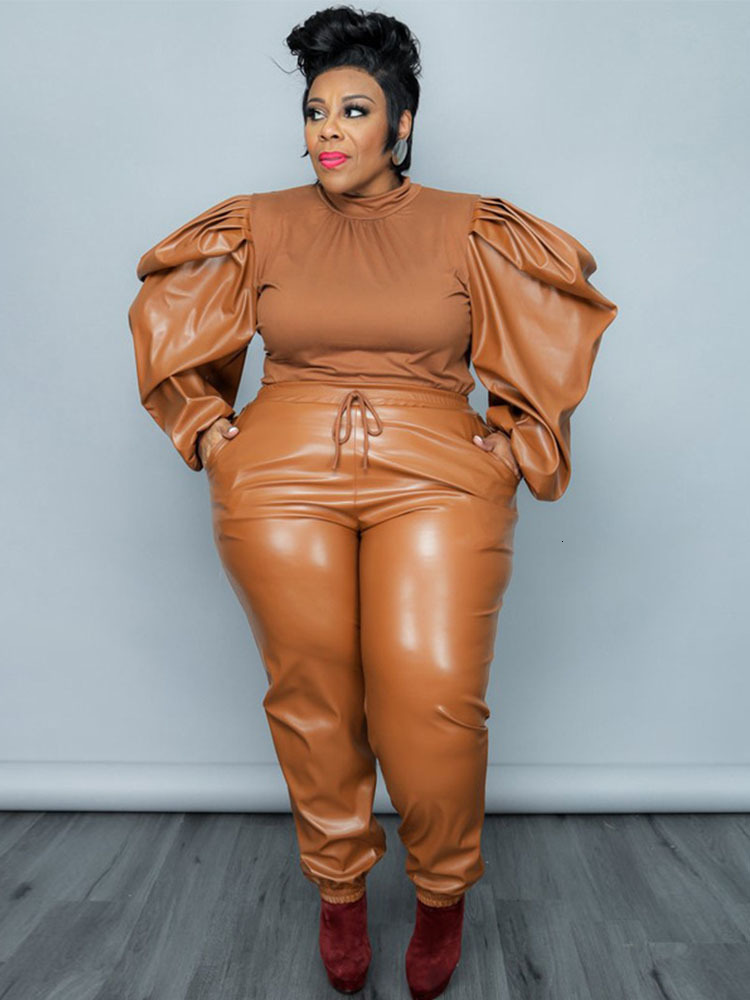 Women's Plus Size Tracksuits Woman Two Piece Suit Women Knitted Long Sleeve Top and Pant Streetwear Pu Leather Outfits Wholesale Bulk Drop 230905