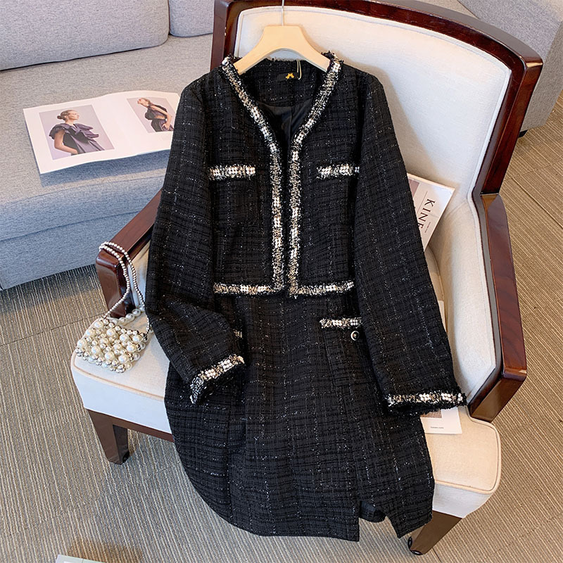 Women's Plus Size Tracksuits 150Kg Bust 150 Autumn Small Fragrant Coat And Strap Dress Two Piece Set Black 5XL 6XL 7XL 8XL 9XL 230905