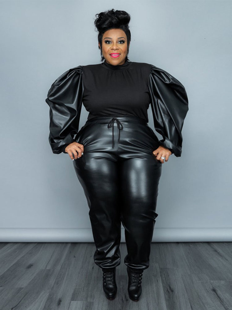 Women's Plus Size Tracksuits Woman Two Piece Suit Women Knitted Long Sleeve Top and Pant Streetwear Pu Leather Outfits Wholesale Bulk Drop 230905