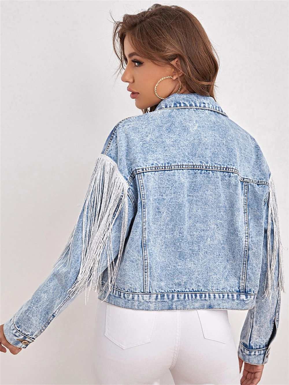 Women's Wool Blends Charmingtrend Jacket Women Fashion Tassel Spliced Denim Jacket Long Sleeved Coat Vintage Cardigan Blue Short Jacket 230905