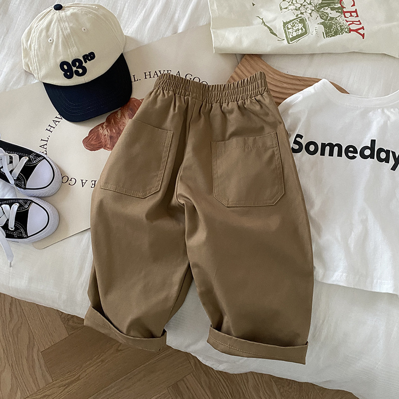 Trousers Spring Kids Solid Color Cargo Pants Girls Big Pockets Casual Boys Loose Straight 230906