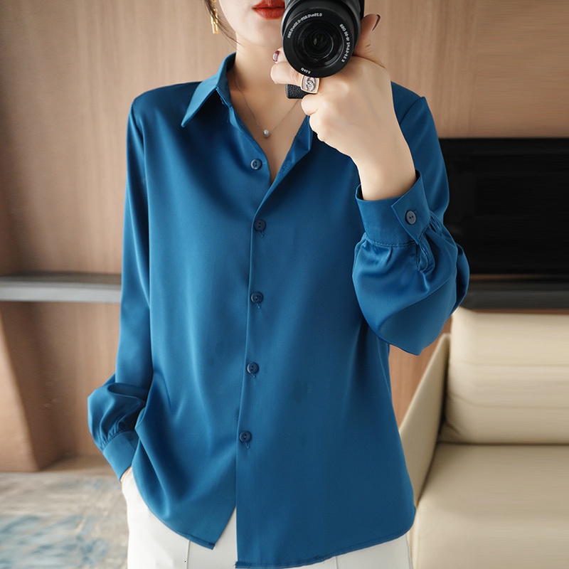 Women's Polos Ladies Silk Cardigan Lapel Solid Satin Shirts Spring Autumn LongSleeve Coat Loose Wild Women Jacket Summer POLO Tops 230905