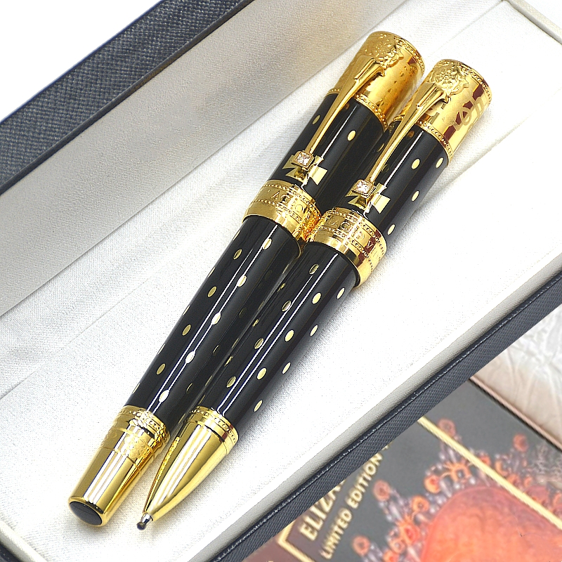 Limited edition Elizabeth Rollerball pen Ballpoint pen Fountain pens Black Golden Silver engrave Diamond inlay Cap Business office supplies with Serial Number