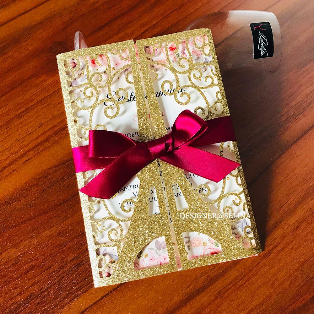 2020 Gold Glitter Eiffel Tower Paris Laser Cut Wedding Invitations with Ribbon Editable Quinceanera Invitation Laser Cut Sweet 16 Invites ZZ