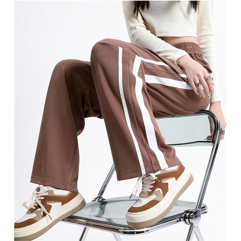 Women's Pants s American retro high street sports wideleg pant's spring autumn stripes waist drape casual black straightleg pants 230905