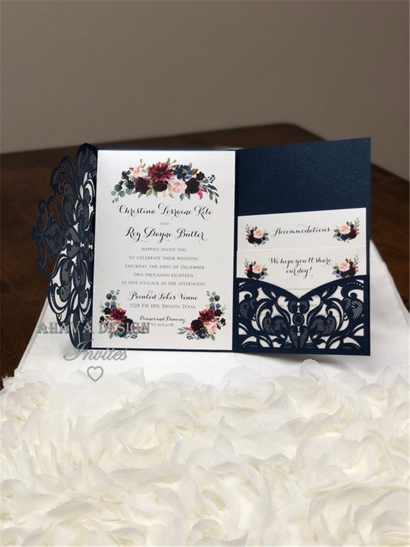 Navy Blue Printable Wedding Invitation Kit with Butterfly Laser Cut Princess Invitations for Birthday Business Graduation Marriage Party ZZ