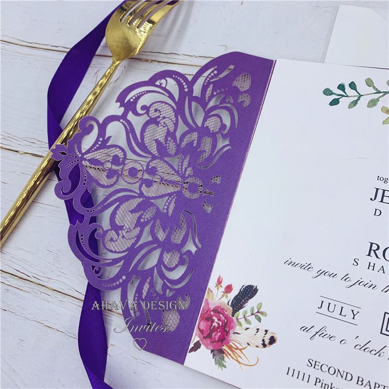 Wedding Invitations Classic Fall Magenta Shades Of Purple Floral Pocket Laser Cut Invitations With Envelope ZZ