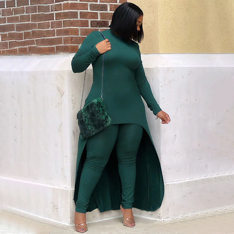 Women's Plus Size Tracksuits Autumn Fashion Solid Color Two Piece Set Women Casual Round Neck Long Sleeve Irregular Top Tight Pants Suit 230905