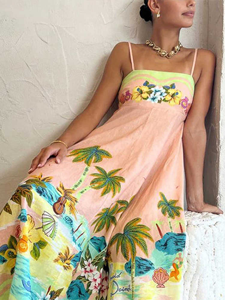 Floral Print Beach Dress Women Midi 2023 Summer Loose Sleeveless Slip Holiday Dresses Casual Chic High Waist Female Robe