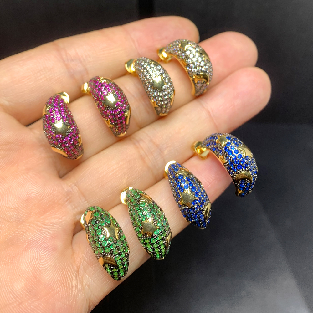 Designer Rainbow Star Moon Dome Charm Earrings: Iced-Out Paved 5A Cubic Zirconia Hip Hop Jewelry