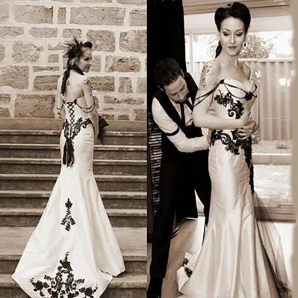 Wedding Dresses Ivory Bridal Gowns Mermaid Formal Trumpet Sleeveless Black Applique Zipper Lace Up New Custom Plus Size White Sweetheart Satin