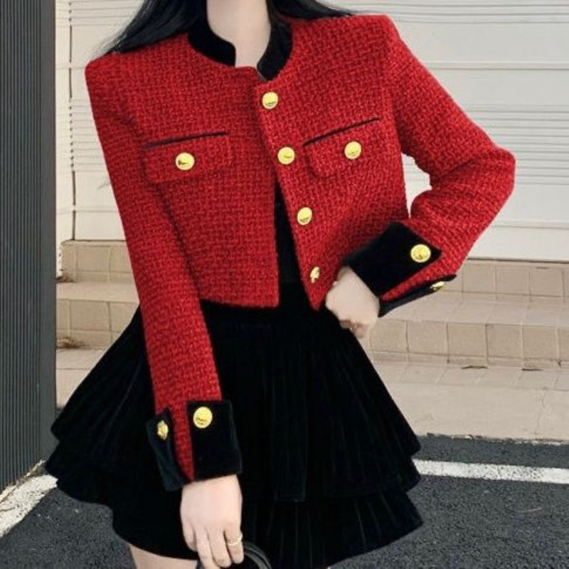 Women's Wool Blends Chic tweed short coat women vintage fashion single breasted cardigan long sleeve top fall high street casual jacket women 230