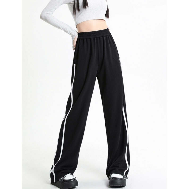 Women's Pants s American retro high street sports wideleg pant's spring autumn stripes waist drape casual black straightleg pants 230905