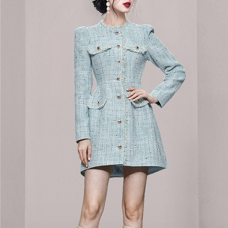 Womens Wool Blends Autumn Winter Woolen Coat Women tweed O Neck Singlebreasted Slim Outer Wear Korean Style Jacket Mini Dress 230905