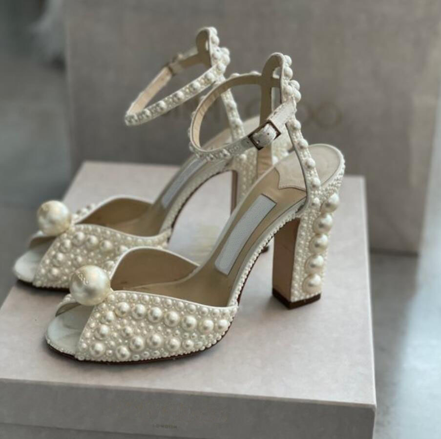 Summer designer Sacaria Dress Wedding Shoes Pearl-Embellished Satin Platform Sandals Elegant Women White Bride Pearls High Heels Ladies Pumps EU35-43
