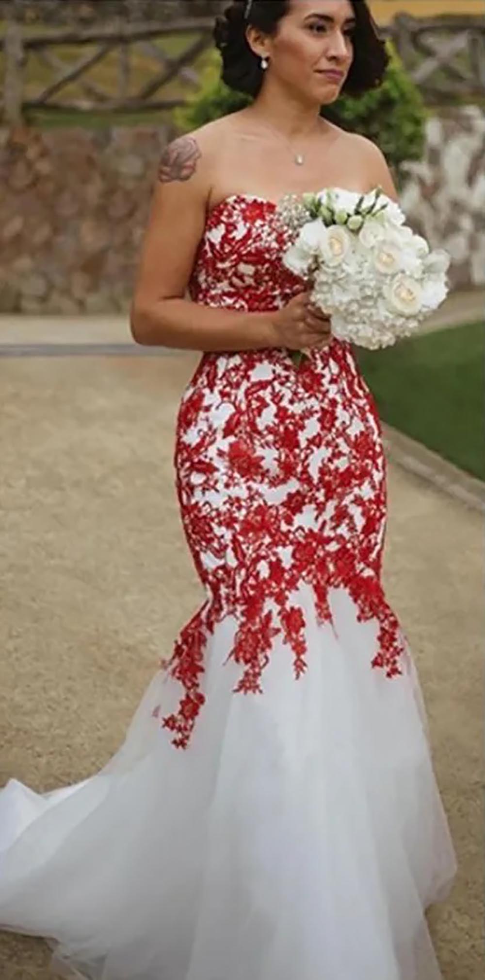 Bridal Gowns Ivory Wedding Dresses Mermaid Trumpet New Custom Plus Size Sweep Train Red Applique Sweetheart Sleeveless Lace White Lace Up Zipper Tulle