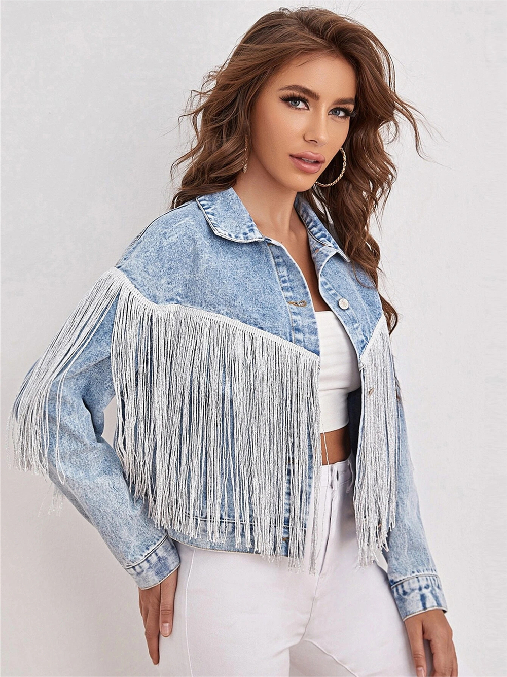 Women's Wool Blends Charmingtrend Jacket Women Fashion Tassel Spliced Denim Jacket Long Sleeved Coat Vintage Cardigan Blue Short Jacket 230905