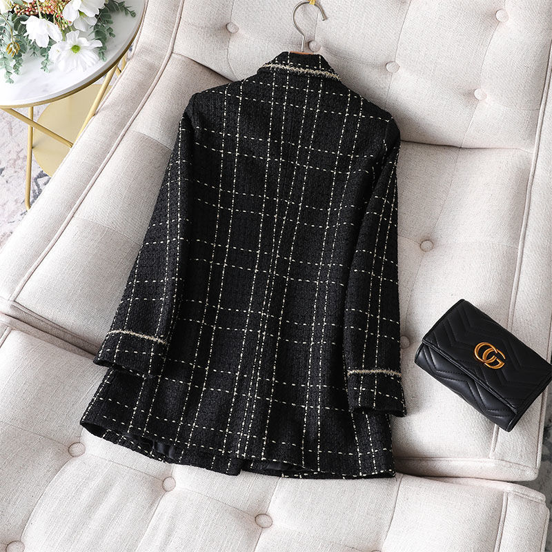 Women's Wool Blends Oversized Plaid Tweed Jacket Korean Fashion Long Sleeve Blazer Coat Office Lady Elegant Single Button Outwear Plus Size 23090