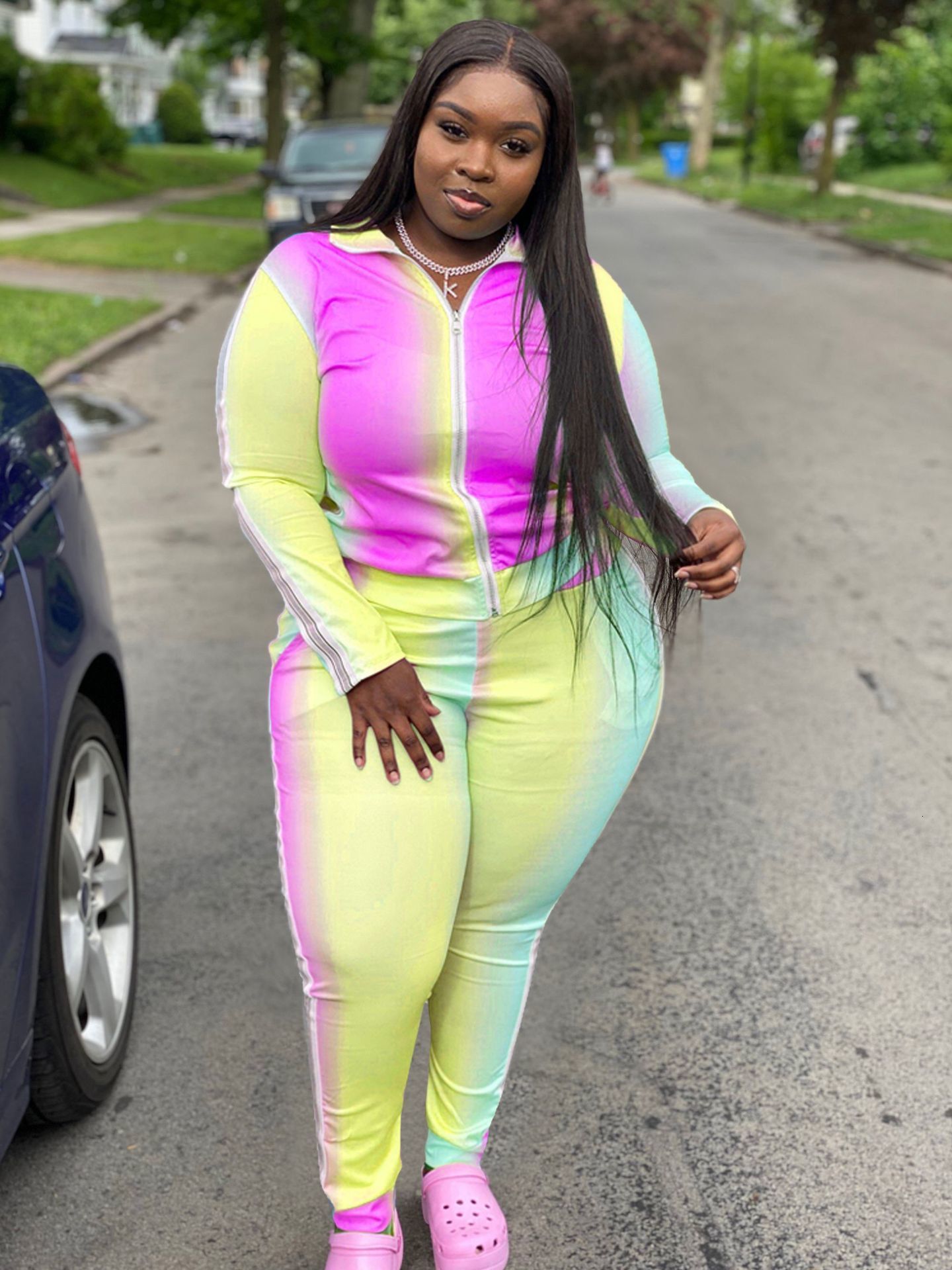 Women's Plus Size Tracksuits 5XL Clothing Fall Lapel Gradient Print Long Sleeve Trousers Patchwork Casual Sports Ladies Suit Oversized 230905