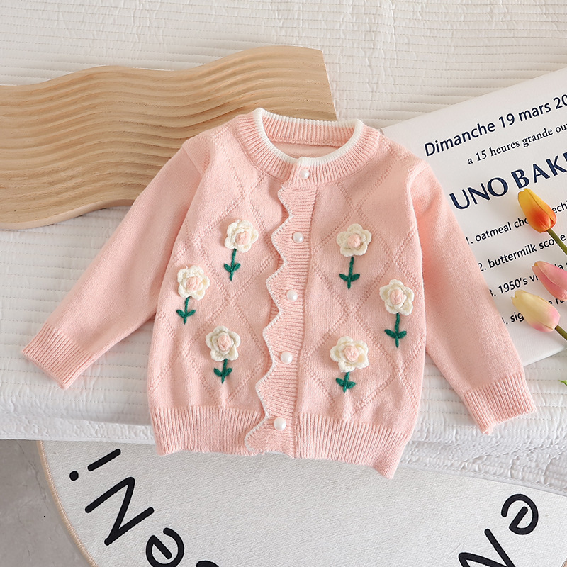 Pullover 2 6 Years Kids Girl Cardigan Floral Decoration Baby Winter Clothes Sweater Korean Style Girls Children's Sweaters 230905