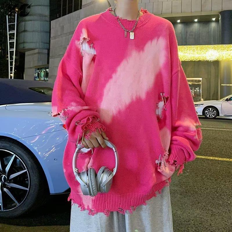 Men's Sweaters Hip Hop Hole Oversized Sweater Y2k Pullovers Unisex Tie Dye Pins Ripped High Street Winter Harajuku Jumpers BF 230905