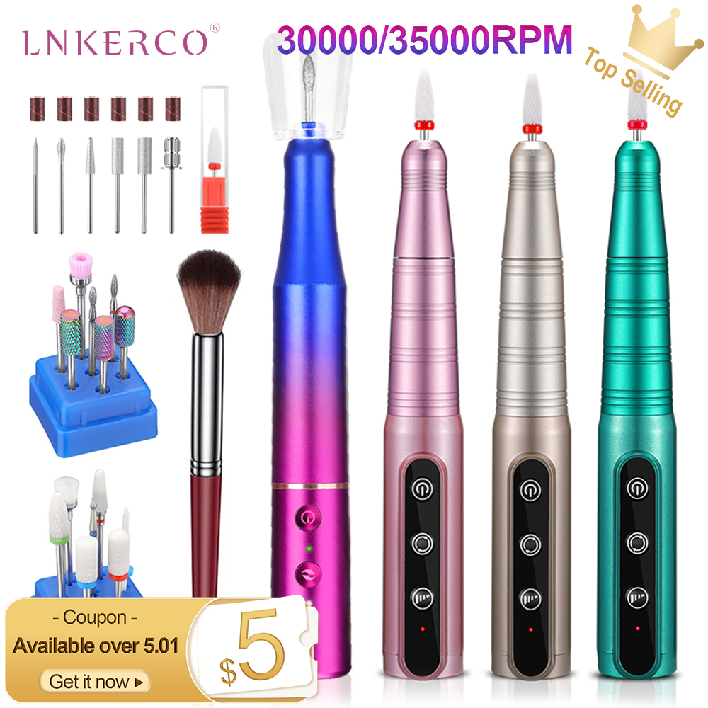 Nail Manicure Set Lnkerco 35000RPM Drill Machine Cordless Electric Sander Professional Milling Cutter For Gel Polishing 230906