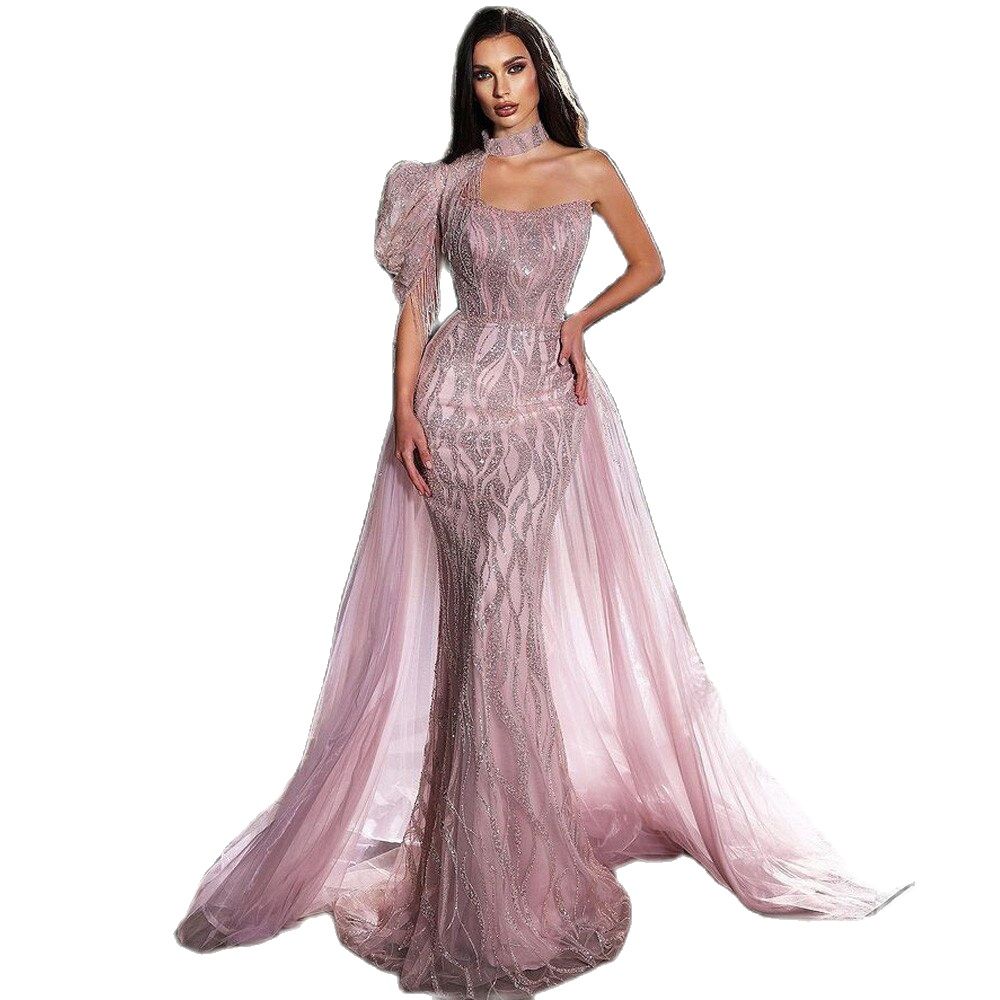 Elegant Prom Dress Detachable Train For Women One Shoulder Halter Mermaid Tassel Dubai Evening Costume Luxury Gowns