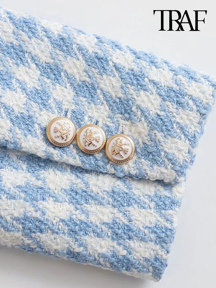 Women's Suits Blazers TRAF Women Fashion Houndstooth Double Breasted Tweed Blazer Coat Vintage Long Sleeve Flap Pocket Female Outerwear Chic Vest