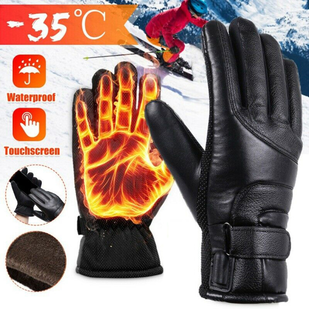 Five Fingers Gloves 12V Electric Heating Motorcycle Gloves PU Leather Heated Gloves Waterproof Windproof Warm Winter Skiing Protection for Men Women 2
