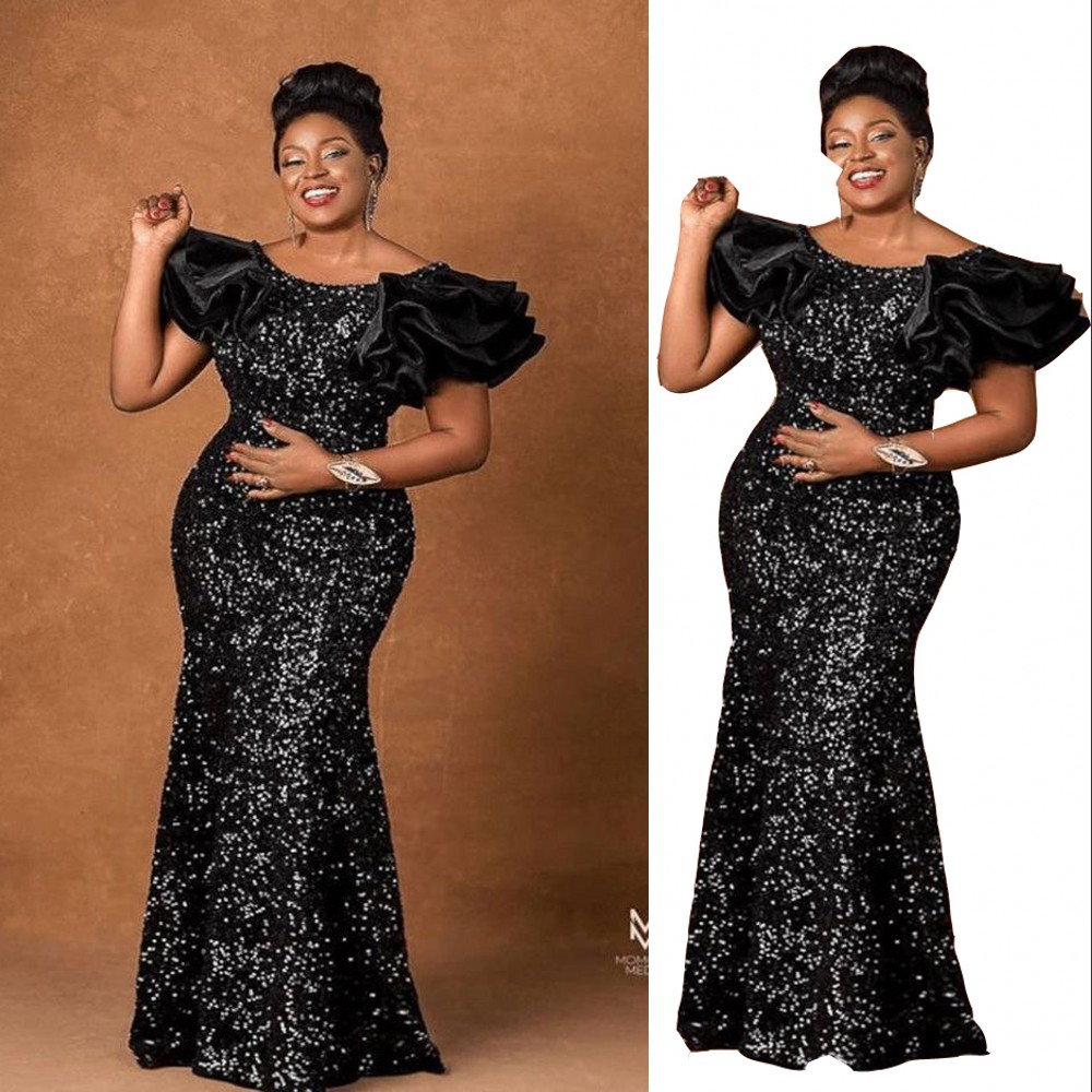 2023 Black Sequins Mermaid Prom Dresses For Arabic Lace Sequined Off Shoulder Ruffles Plus Size Sweep Train Evening Occasion Gowns Vestdios De Novia