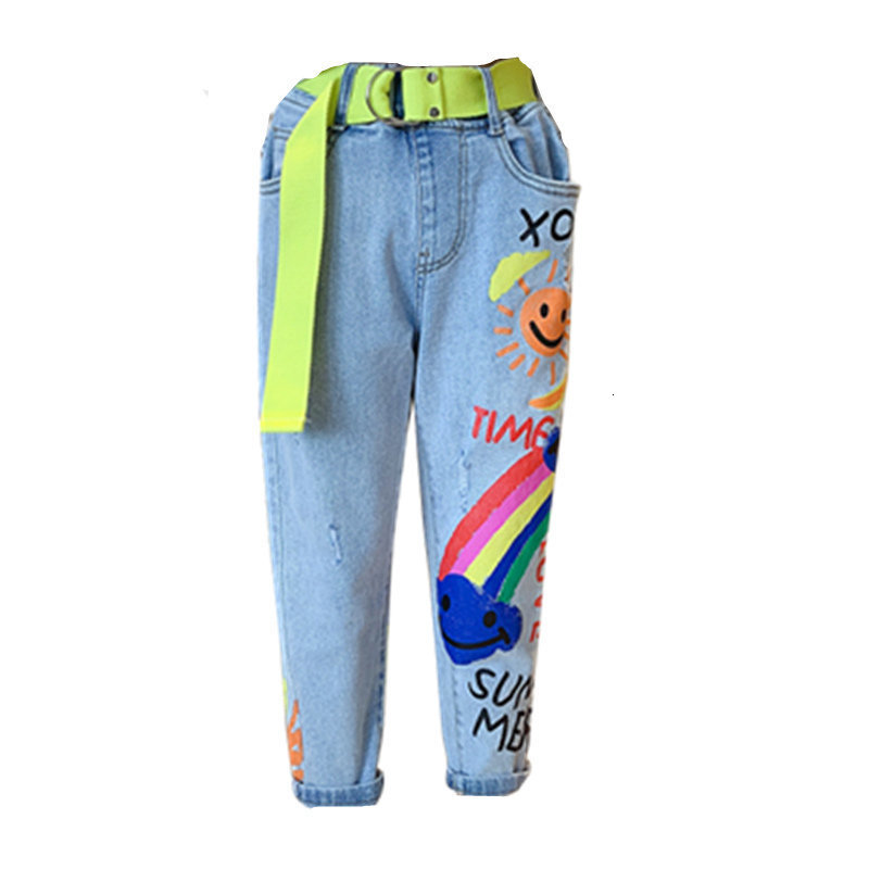 Jeans Deals For Teenage Girls Kids 8 12Yrs High Quality Graffiti Painting Print Casual Pants With A Rainbow Cartoon Trousers 230906