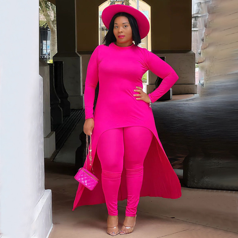 Women's Plus Size Tracksuits Autumn Fashion Solid Color Two Piece Set Women Casual Round Neck Long Sleeve Irregular Top Tight Pants Suit 230905