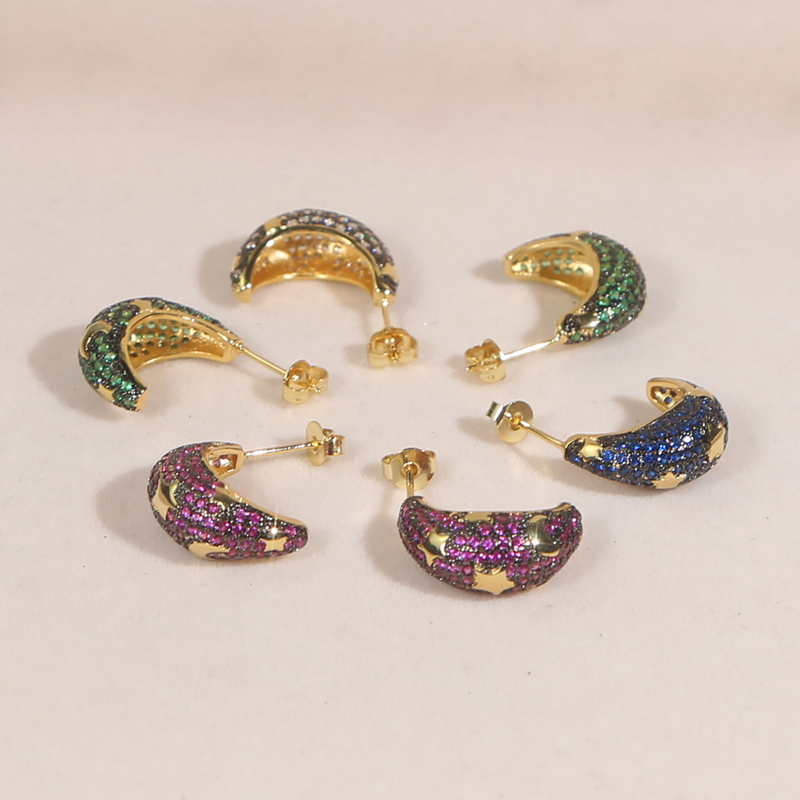 New designer Rainbow Color Star Moon Dome Charm Stud Earrings Iced Out Paved 5A Cubic Zircon Fashion Hip Hop Women Lady Festival Gift Jewelry