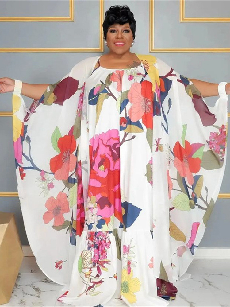 Women's Plus Size Tracksuits SOMO Two Piece Set Women Dress and Shawl Matching Summer 2023 Slip Floral Holiday Outfits Wholesale Dropshiping 2309