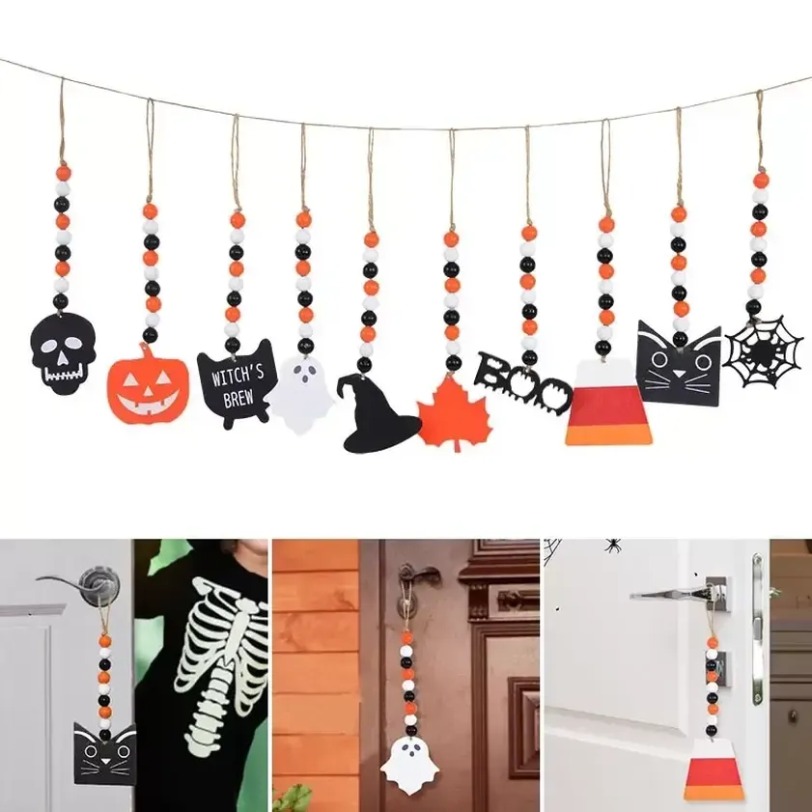 Party Halloween Decoration Decor Wooden Beads Garland Pumpkin Ghost Skull Wood Chip Pendant For Home Rustic Hanging Ornament 902
