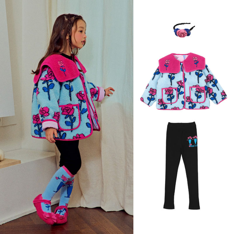 Girl s Dresses 2023 Autumn Winter BEBEBE Girls Style Printed Dress with Blue Rose Polo Collar Lamb Fleece Coat 230906