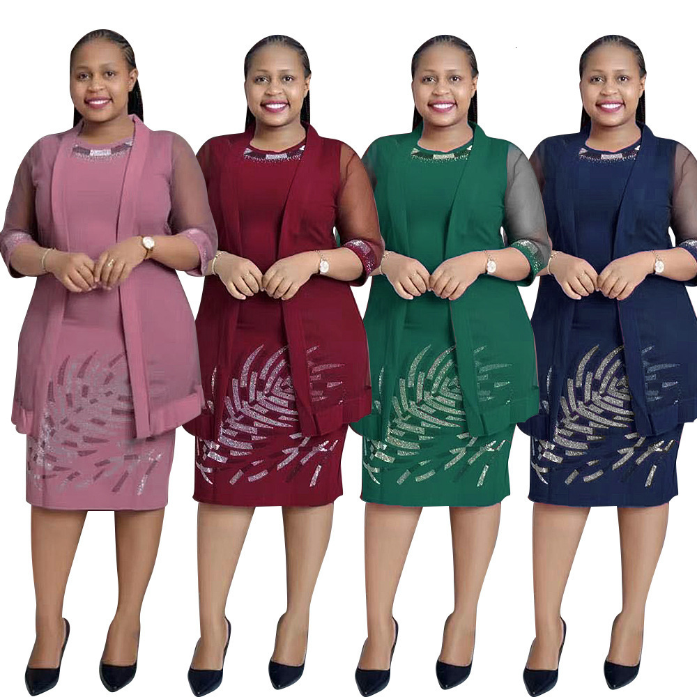 Women's Plus Size Tracksuits Autumn Fashion Two Piece Set for Long Sleeve Mesh Cardigan Wrapped Hip Pencil Dress Elegant 230905