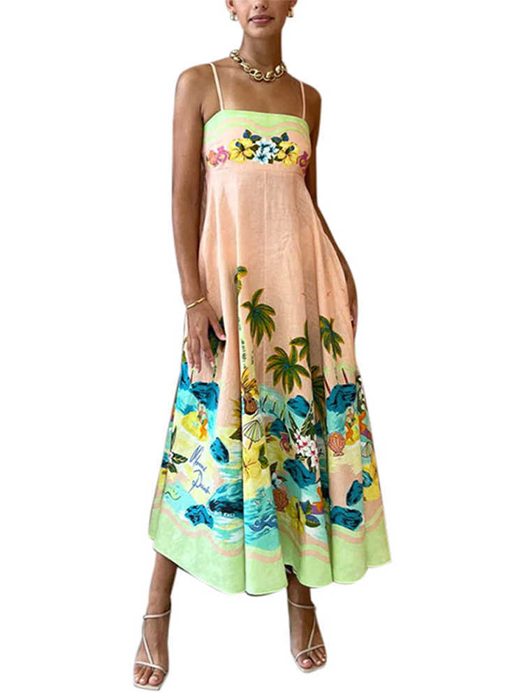 Floral Print Beach Dress Women Midi 2023 Summer Loose Sleeveless Slip Holiday Dresses Casual Chic High Waist Female Robe
