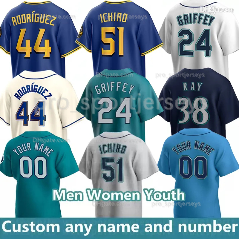 24 Ken Griffey Jr. Baseball Jersey 44 Julio Rodriguez 51 Suzuki Ichiro Teoscar Hernandez Ty France Jarred Kelenic Suarez Winker Martinez Luis Castillo men women youth
