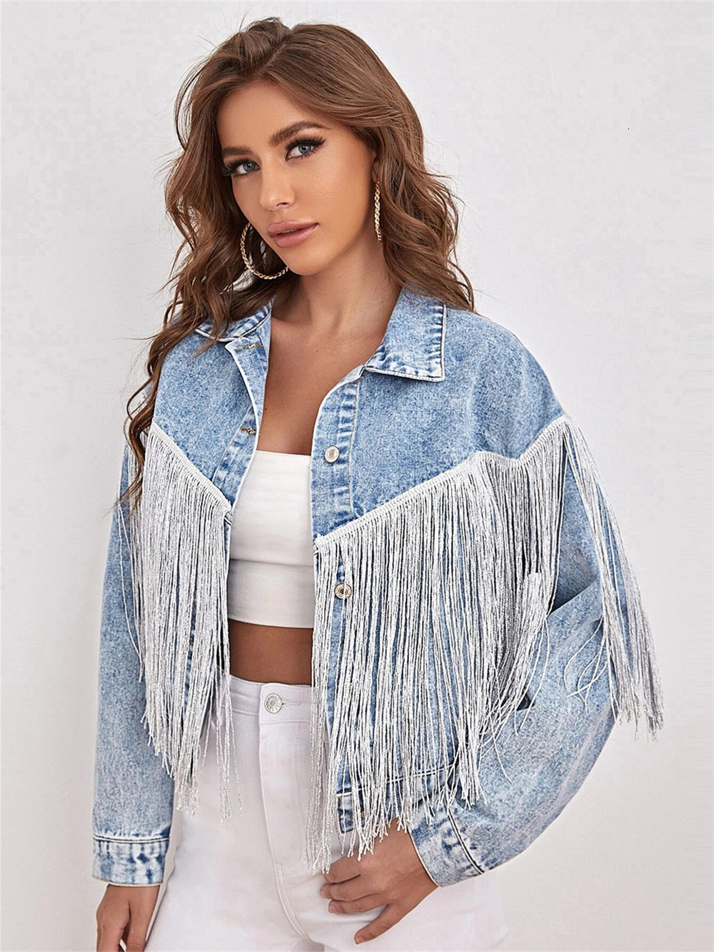 Women's Wool Blends Charmingtrend Jacket Women Fashion Tassel Spliced Denim Jacket Long Sleeved Coat Vintage Cardigan Blue Short Jacket 230905