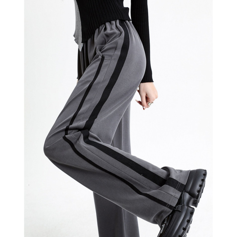 Women's Pants s American retro high street sports wideleg pant's spring autumn stripes waist drape casual black straightleg pants 230905