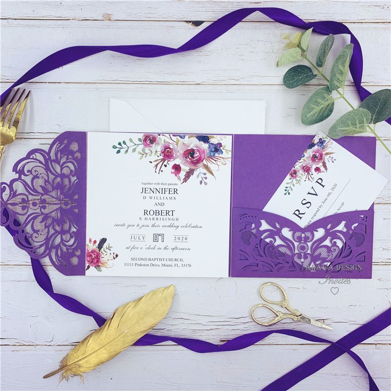 Wedding Invitations Classic Fall Magenta Shades Of Purple Floral Pocket Laser Cut Invitations With Envelope ZZ