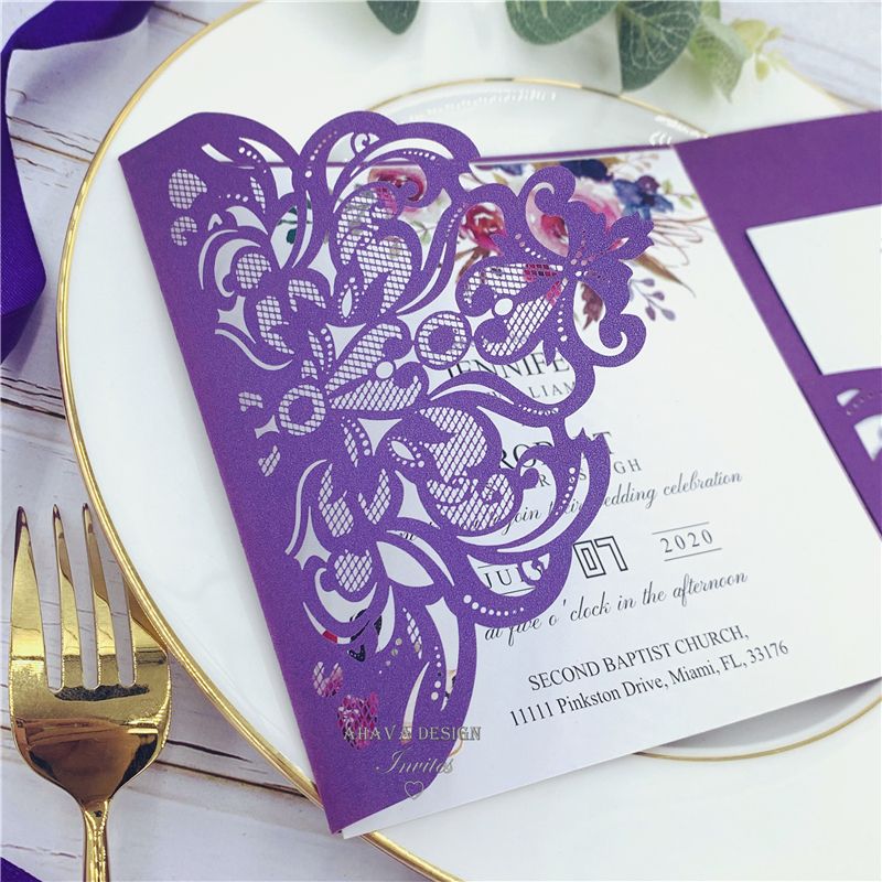 Wedding Invitations Classic Fall Magenta Shades Of Purple Floral Pocket Laser Cut Invitations With Envelope ZZ