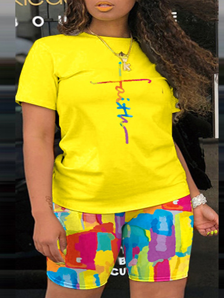 Women's Plus Size Tracksuits Faith Melting Colors All Over Print Casual Top Shorts Set 230905