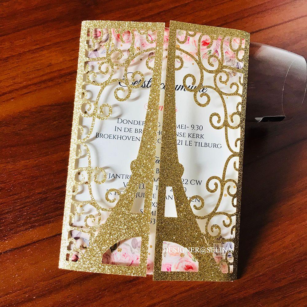 2020 Gold Glitter Eiffel Tower Paris Laser Cut Wedding Invitations with Ribbon Editable Quinceanera Invitation Laser Cut Sweet 16 Invites ZZ