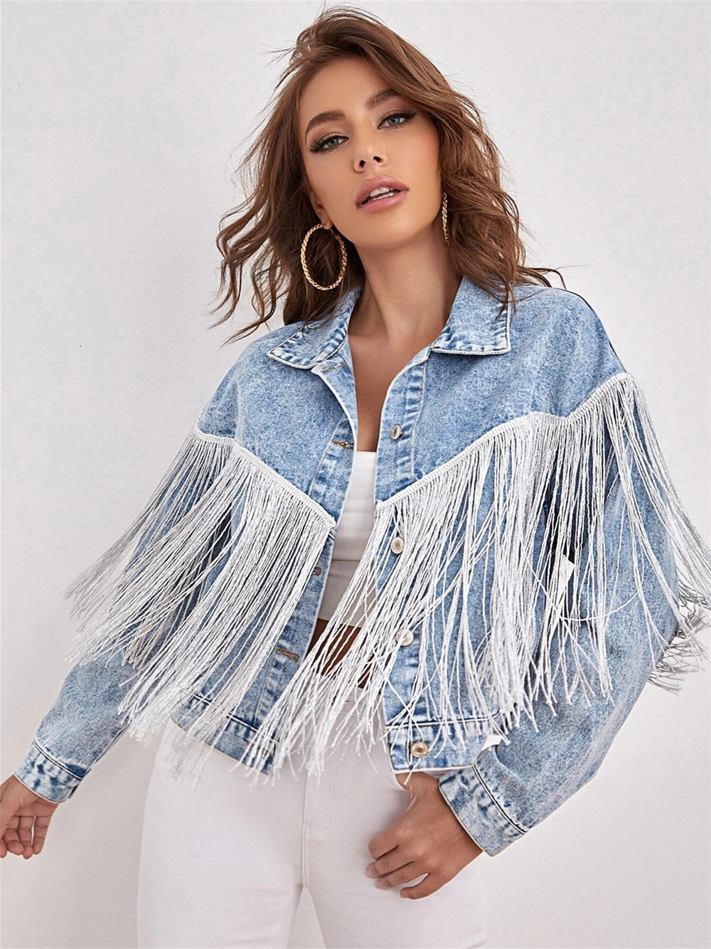 Women's Wool Blends Charmingtrend Jacket Women Fashion Tassel Spliced Denim Jacket Long Sleeved Coat Vintage Cardigan Blue Short Jacket 230905