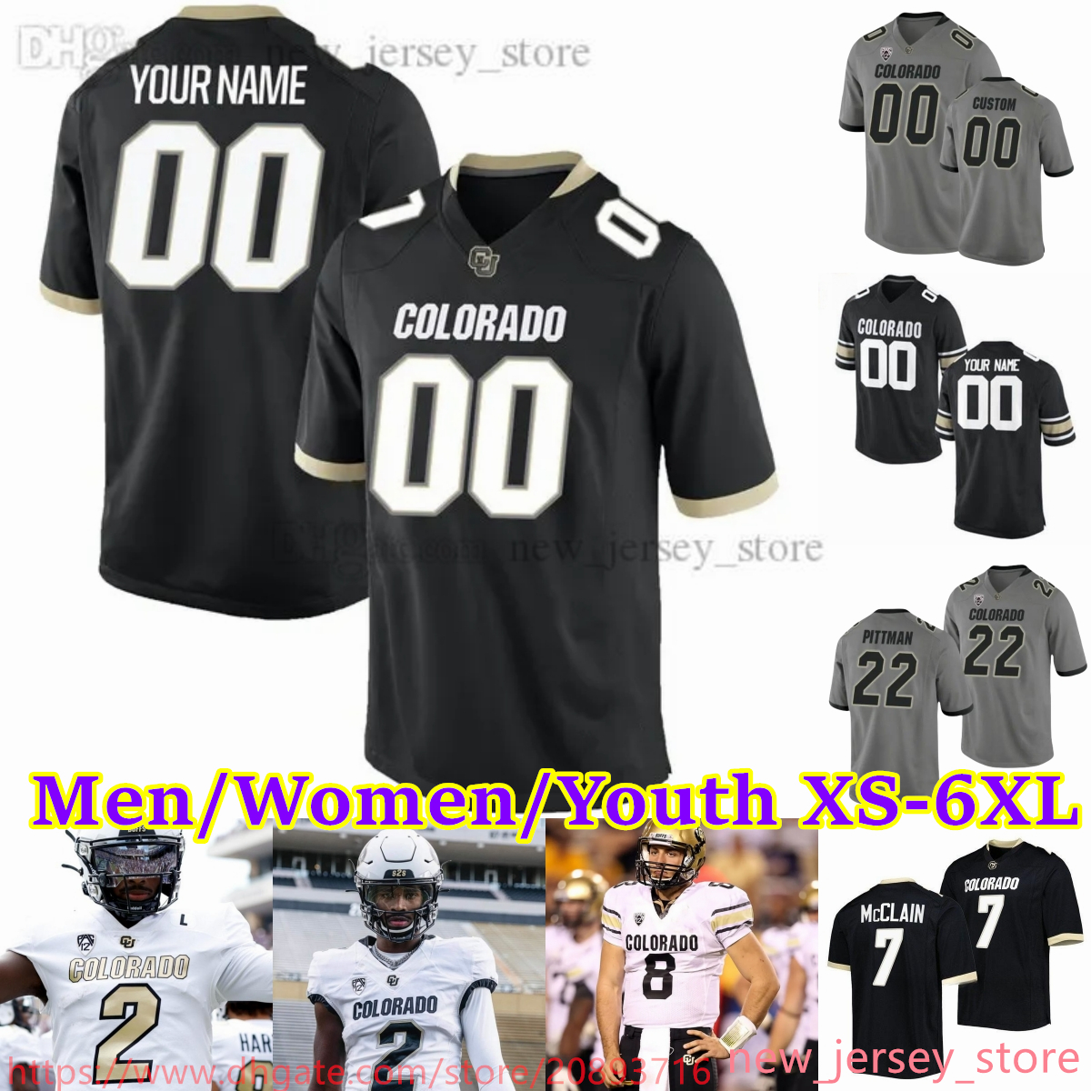 2023 Custom S-6XL NCAA Colorado Buffaloes Football Jersey 12 Travis Hunter 2 shedeur sanders 21 Shilo Sanders 7 Cormani McClain 43 Trevor Woods 78 Nate Solder