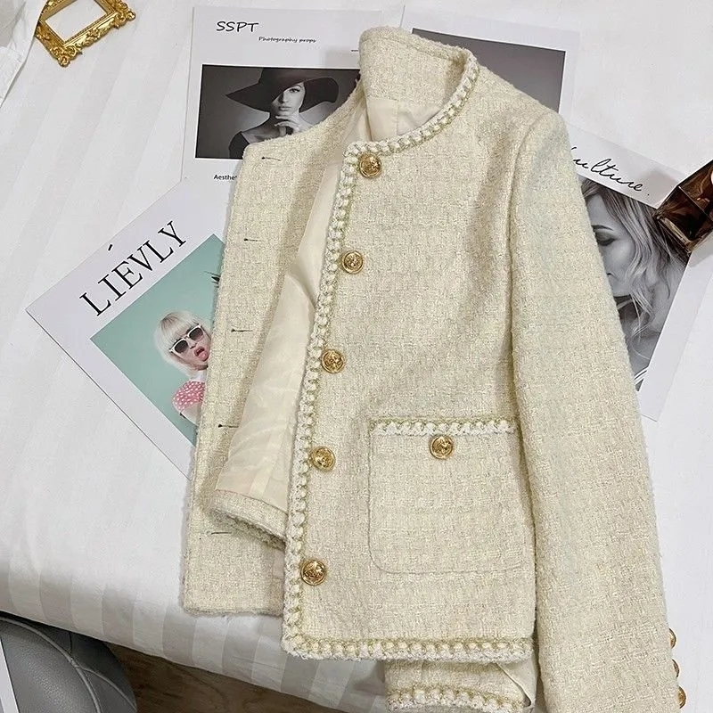 Women's Wool Blends Spring Autumn Jackets for Women Round Neck Trench Coats Woolen Short Jackets Blazers Office Lady Korean Tweed Jacket Overcoa 