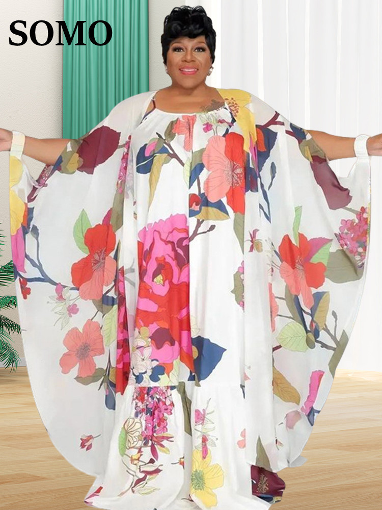 Women's Plus Size Tracksuits SOMO Two Piece Set Women Dress and Shawl Matching Summer 2023 Slip Floral Holiday Outfits Wholesale Dropshiping 2309